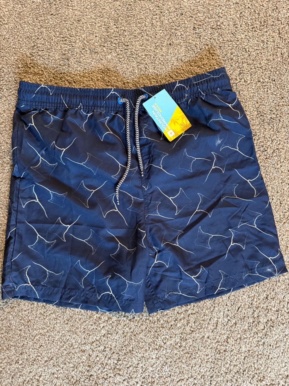 Boy's Navy Blue Swim Trunks with Manta Ray Print